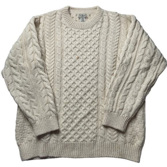 Vintage L.L. Bean Cream Cable Knit Sweater Wool XL Men's Fisherman Ireland